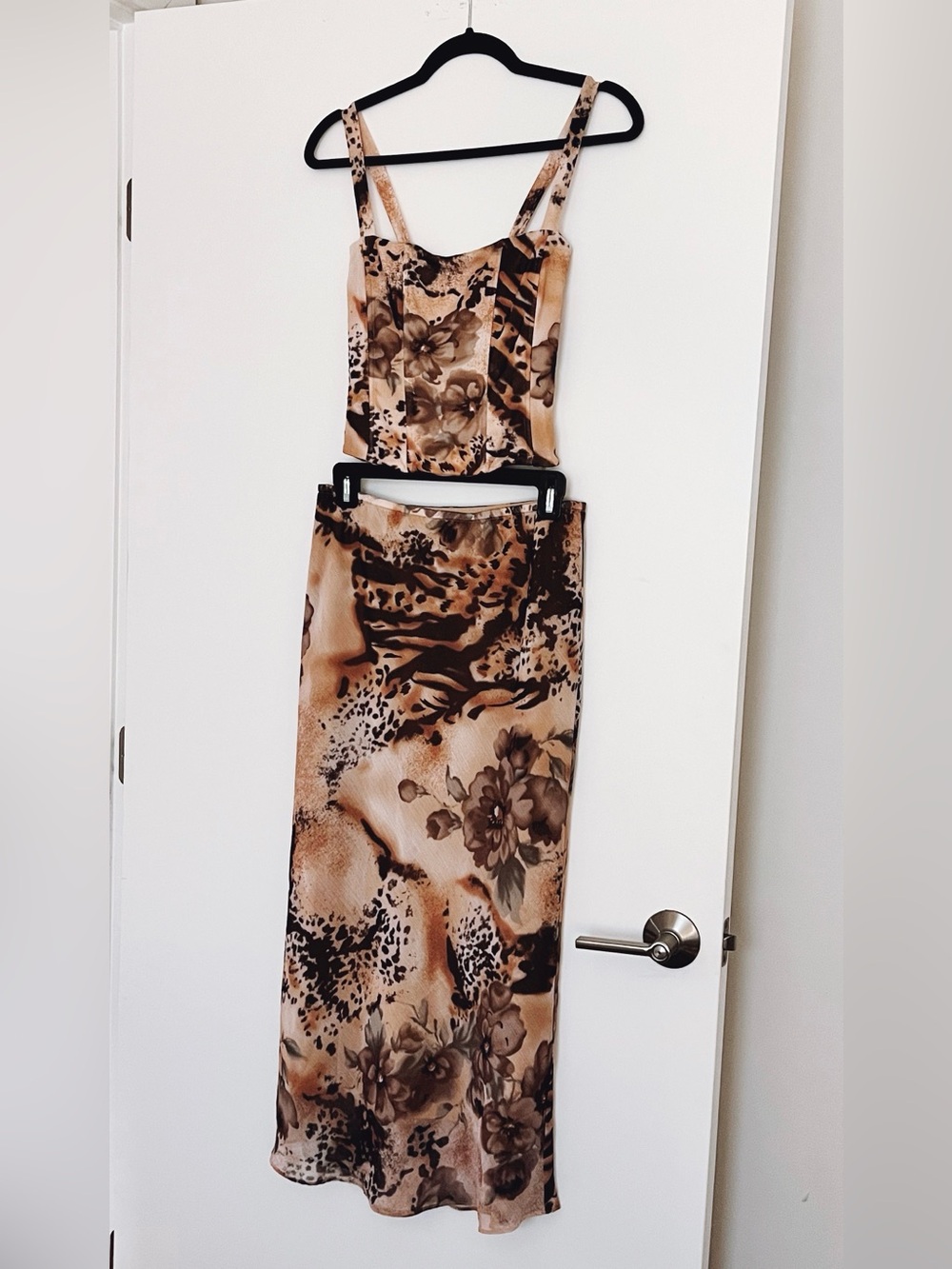 Tiger Mist Beige Brown Animal Print Midi Skirt Set
